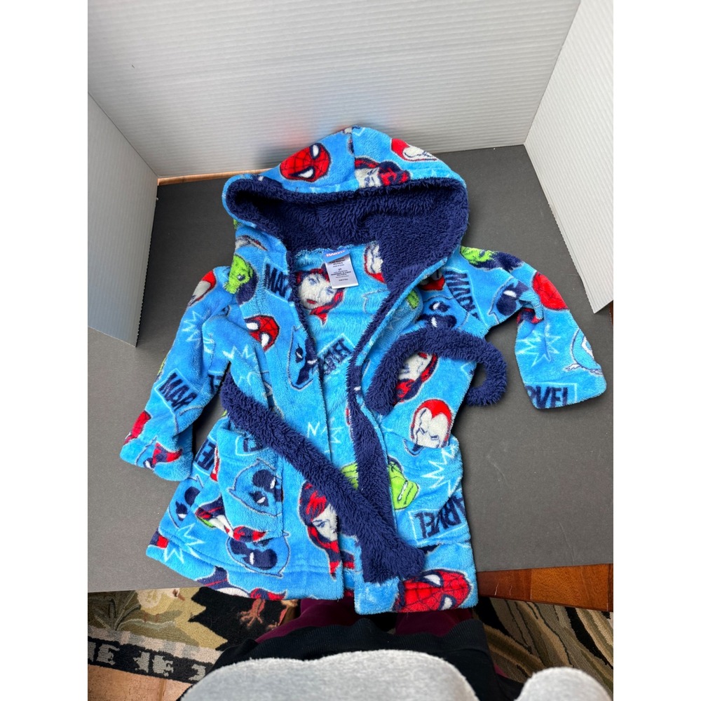 Marvel Avengers Toddler Boys Plush Hooded Bathrobe Blue Spider-Man Hulk 2T